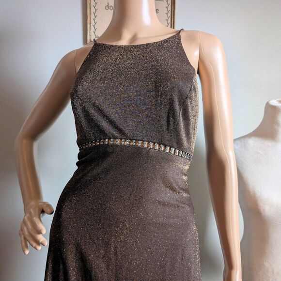 Vintage 90s Cache Metallic Maxi Dress Prom Gown Rhinestone Whimsygoth Size 7 - Picture 4 of 13